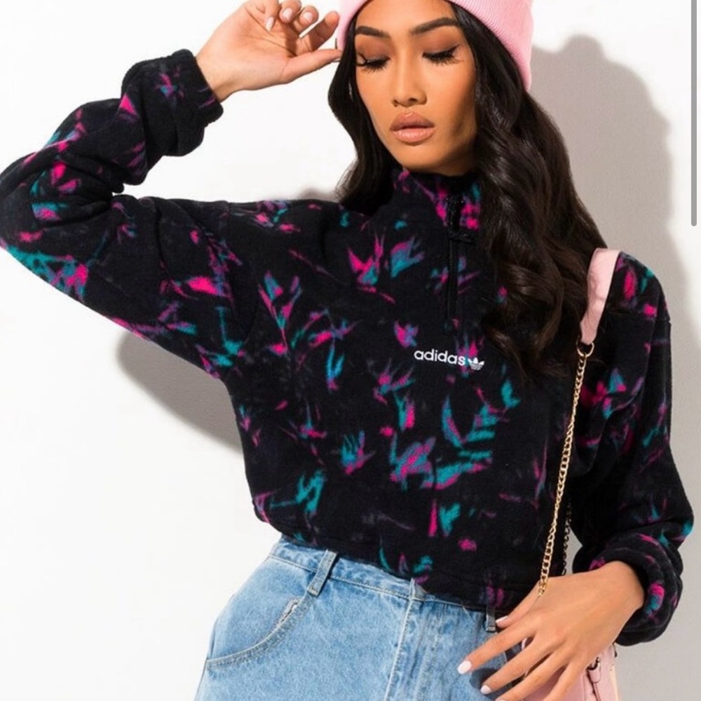 Adidas Originals Crop Tech Polar Half Zip Fleece in Floral Print